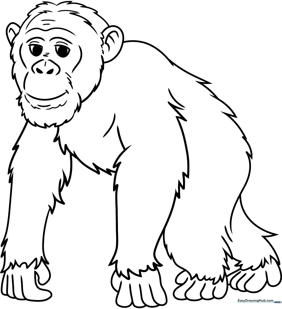 A friendly cartoon chimpanzee with large ears and a smiling face, rendered in clean black outlines on a white background, perfect for children's coloring activities.
