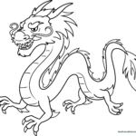 Detailed line art of a Chinese dragon with flowing whiskers and scales, designed for children to color with markers or crayons.