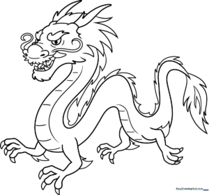 Detailed line art of a Chinese dragon with flowing whiskers and scales, designed for children to color with markers or crayons.