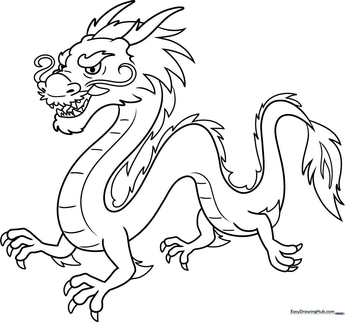 Detailed line art of a Chinese dragon with flowing whiskers and scales, designed for children to color with markers or crayons.