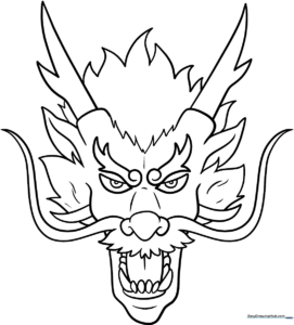 Black and white line art of a majestic Chinese dragon head featuring flowing whiskers, ornate horns, and expressive scales ready for coloring.