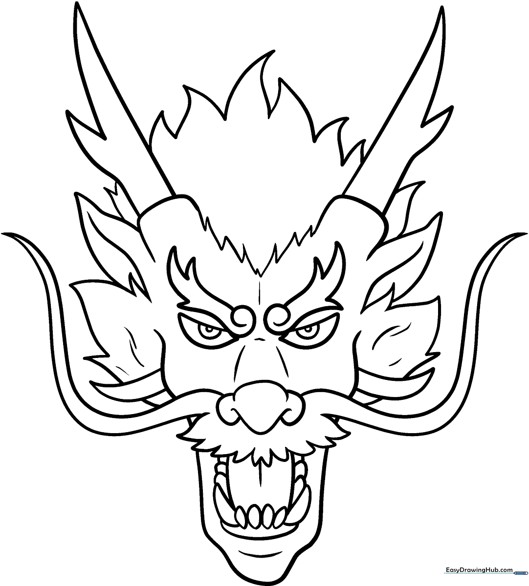 Black and white line art of a majestic Chinese dragon head featuring flowing whiskers, ornate horns, and expressive scales ready for coloring.