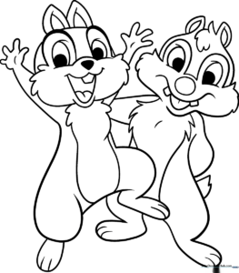 Line art illustration of Chip and Dale standing side-by-side, featuring clear outlines for easy coloring by children.
