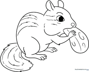 A friendly cartoon chipmunk with large eyes and striped fur, outlined in bold black lines on a white background, ready for coloring.