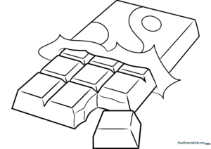 A clean, black-and-white line art illustration of a rectangular chocolate bar with segmented squares, ready for children to color.