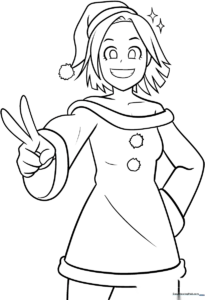 Detailed line art of an anime-style girl wearing a festive Christmas outfit, ready for coloring with pencils or markers.