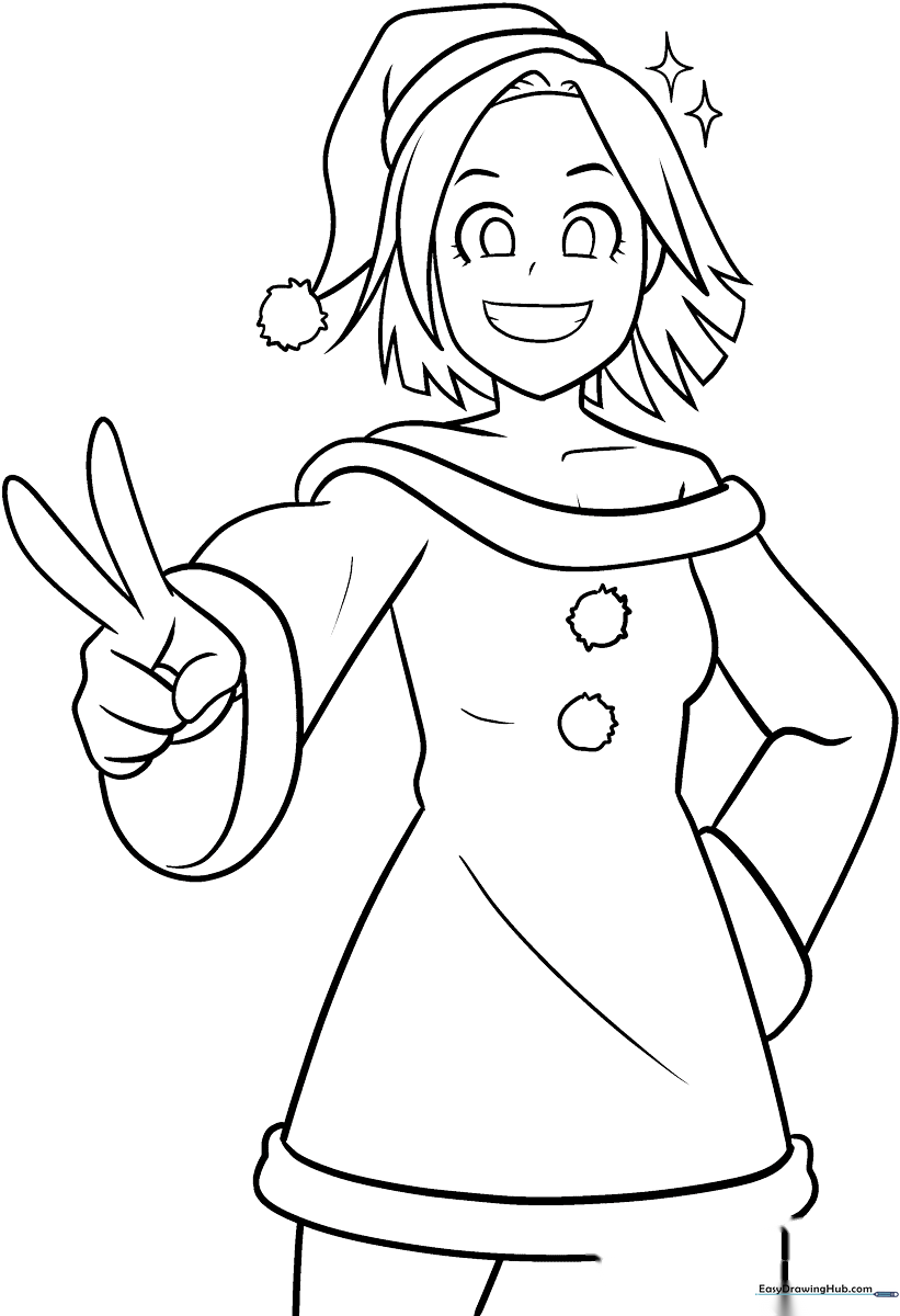 Detailed line art of an anime-style girl wearing a festive Christmas outfit, ready for coloring with pencils or markers.
