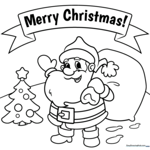 Detailed line art of Santa Claus standing next to a decorated Christmas tree with a Merry Christmas banner overhead.