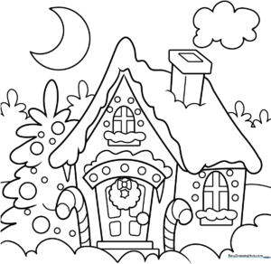 A festive line-art illustration of a Christmas house with a snowy roof, decorated windows, and a chimney, ready for children to color.