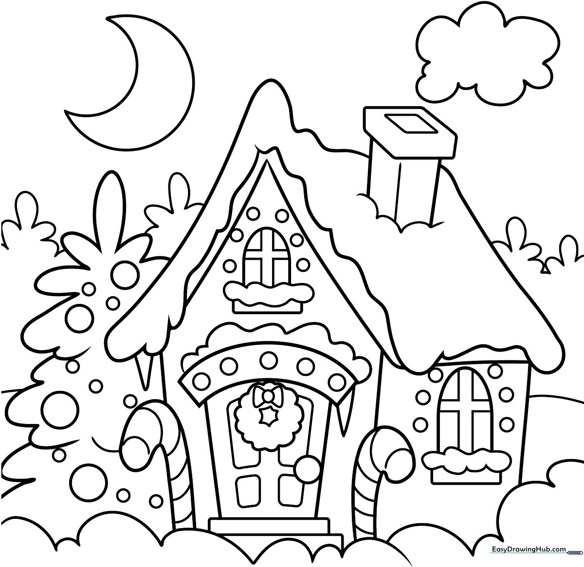 A festive line-art illustration of a Christmas house with a snowy roof, decorated windows, and a chimney, ready for children to color.