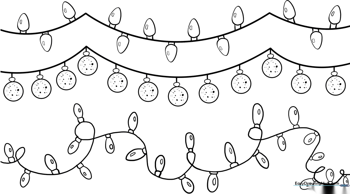 A clean, black-and-white line art illustration of a string of Christmas lights with various bulb shapes, ready for children to color.