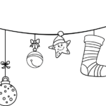 Black and white line art of three hanging Christmas ornaments with intricate patterns, ready for children to color with markers or crayons.