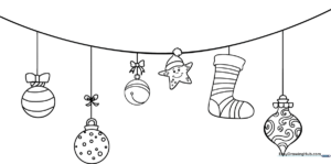 Black and white line art of three hanging Christmas ornaments with intricate patterns, ready for children to color with markers or crayons.