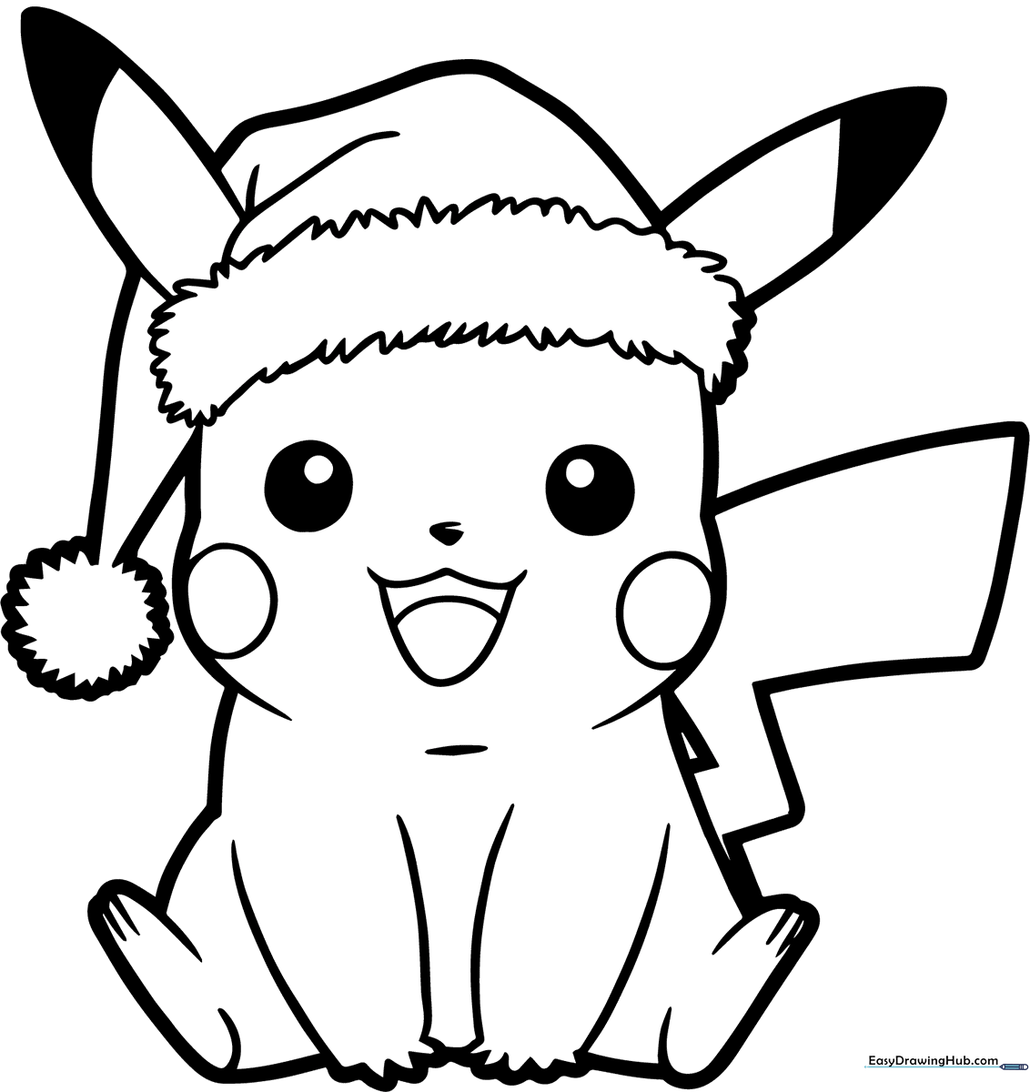 Line art of Pikachu wearing a Santa hat and a festive scarf, ready for coloring on a clean white background.
