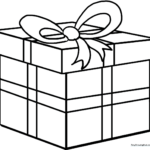 A clean, black-and-white line art illustration of a square Christmas present with a large, decorative bow on top, designed for children to color.