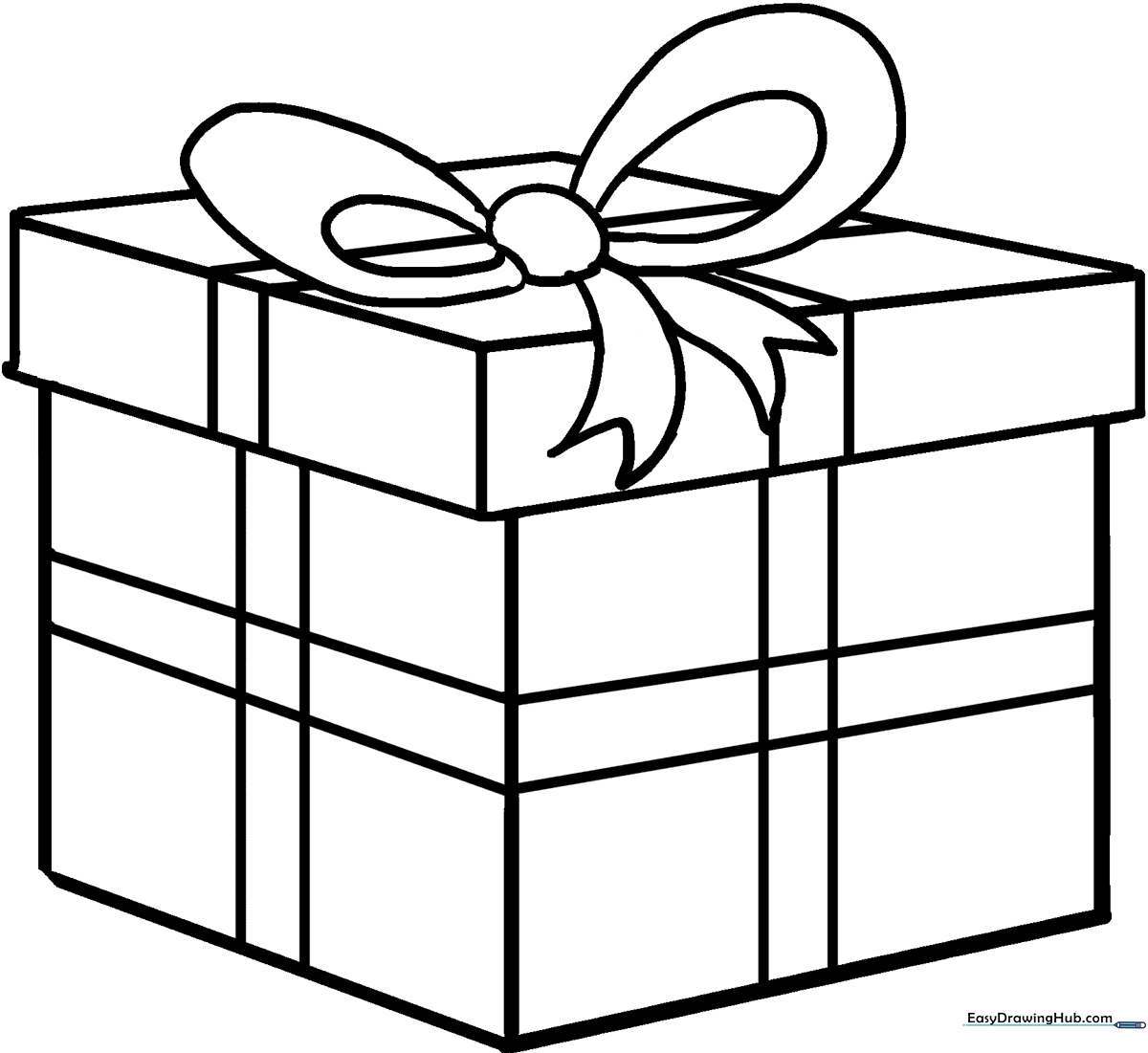 A clean, black-and-white line art illustration of a square Christmas present with a large, decorative bow on top, designed for children to color.