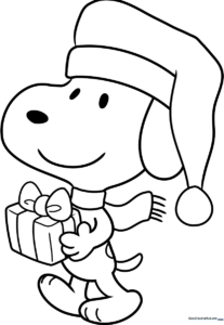Black and white line art of Snoopy wearing a Santa hat, ready for coloring on a standard letter-sized page.