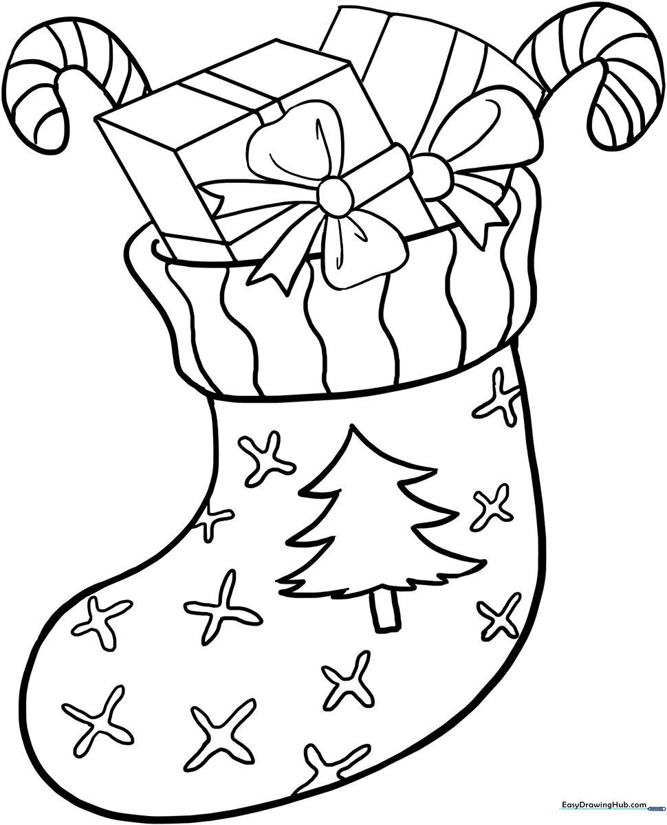 Black and white line art of a Christmas stocking with a folded cuff and decorative patterns, ready for children to color.