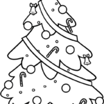Black and white line art of a cartoon Christmas tree with a star topper and ornaments, ready for children to color.