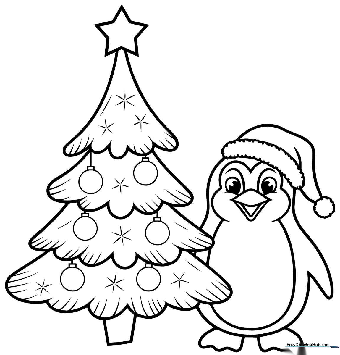 Black and white line art of a cute penguin standing next to a decorated Christmas tree with ornaments and a star topper, designed for children's coloring activities.