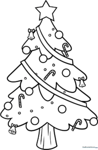 A friendly cartoon Christmas tree with simple, bold outlines, perfect for young children practicing coloring within the lines.