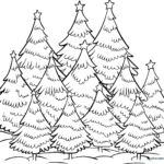 Black and white line art of a dense Christmas tree forest with varied tree sizes, perfect for children to color with holiday themes.
