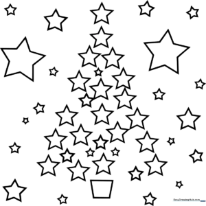 Line art illustration of a Christmas tree composed of stacked stars, featuring clean outlines for easy coloring by children.
