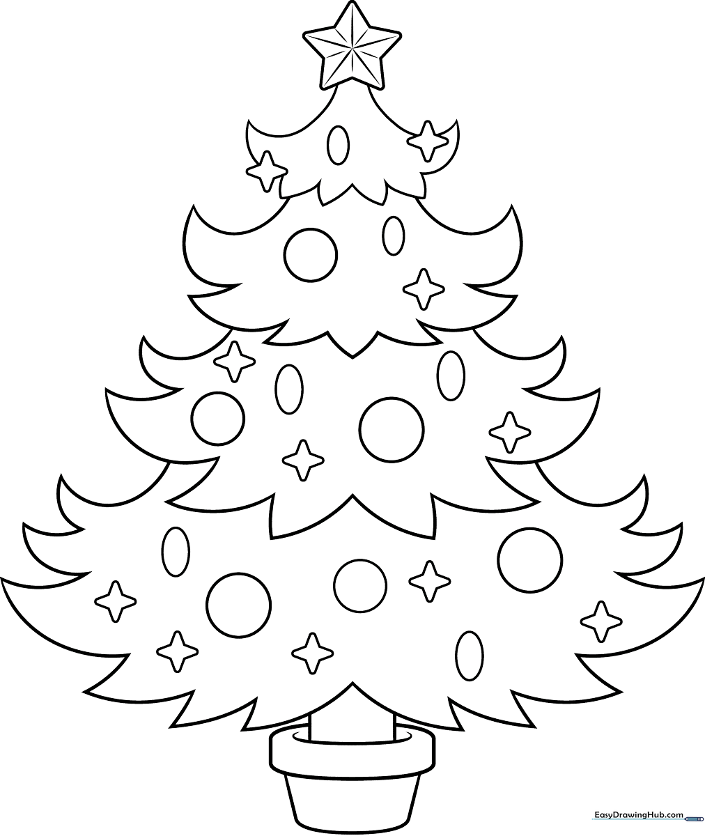 A clean, black-and-white line art illustration of a classic Christmas tree with a star topper, designed as a printable coloring activity for children.