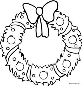 Black and white line art of a Christmas wreath featuring holly leaves and berries, ready for coloring with crayons or markers.