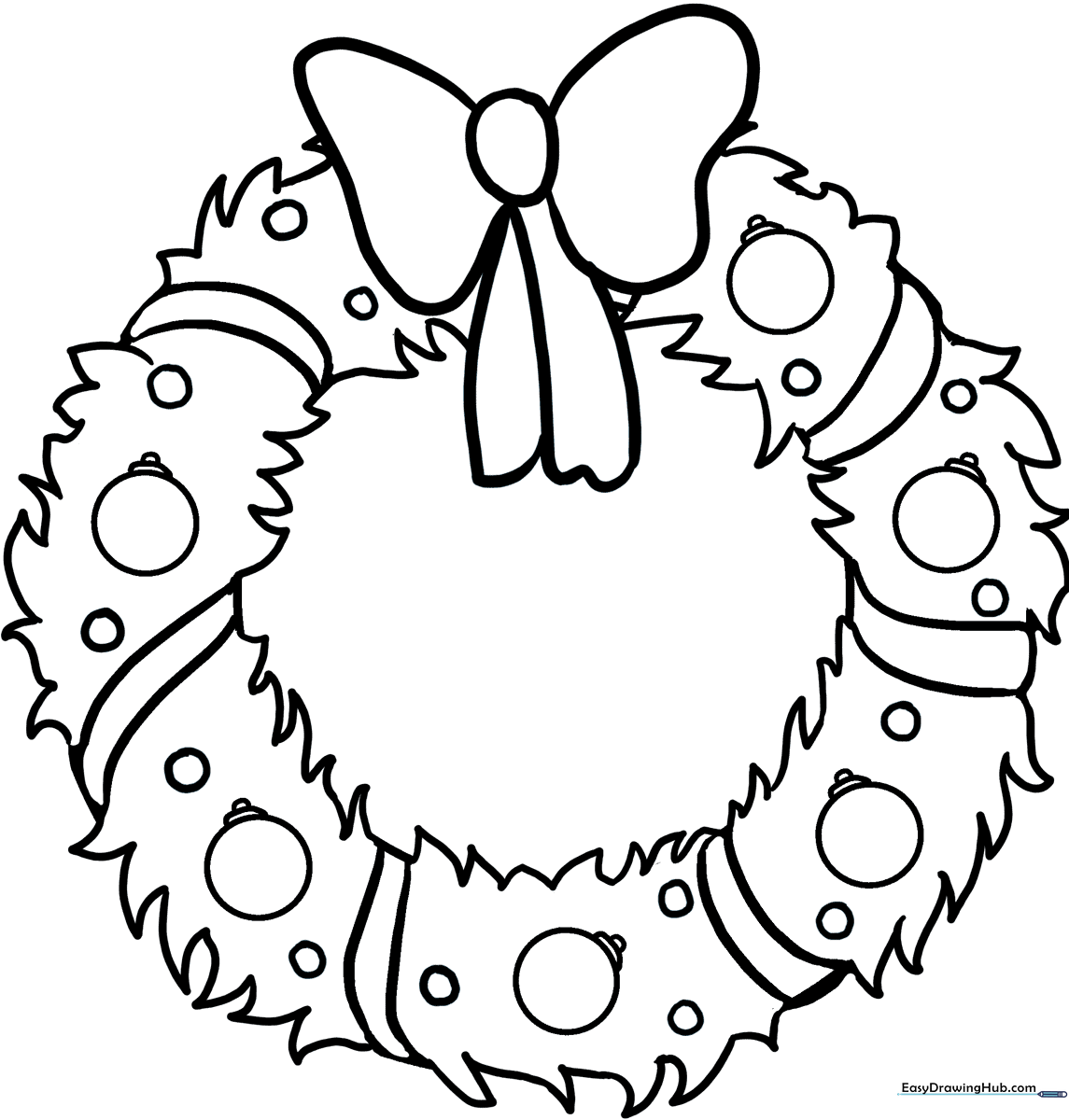 Black and white line art of a Christmas wreath featuring holly leaves and berries, ready for coloring with crayons or markers.