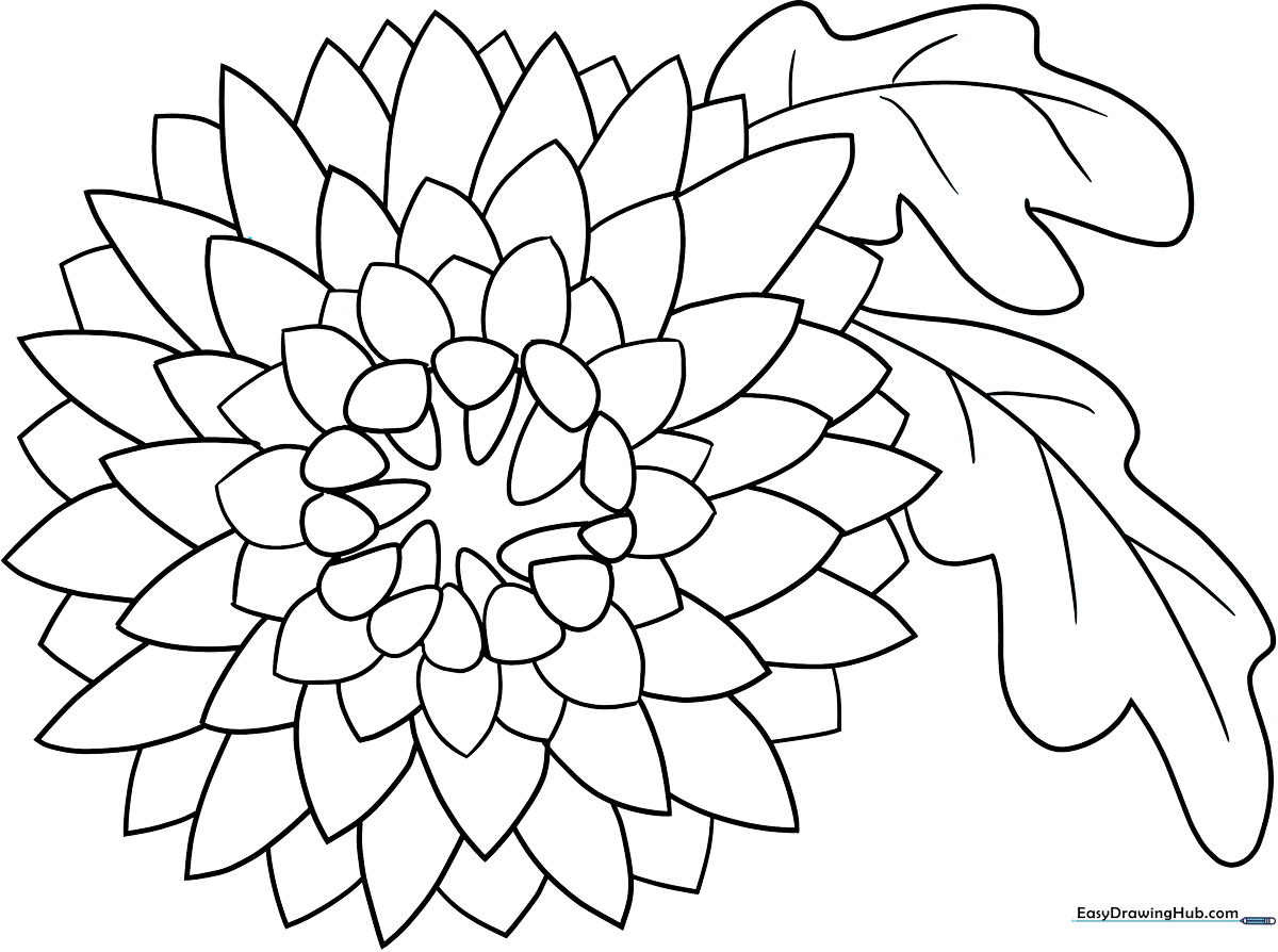 Black and white line art of a chrysanthemum flower with layered, rounded petals, designed for children to color.