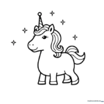 A cute, rounded unicorn character with a small horn and friendly expression, outlined in thick black lines for easy coloring by children.