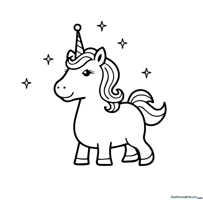 A cute, rounded unicorn character with a small horn and friendly expression, outlined in thick black lines for easy coloring by children.