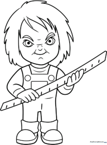 Black and white line art of the character Chucky, featuring his signature overalls and striped shirt, ready for coloring.