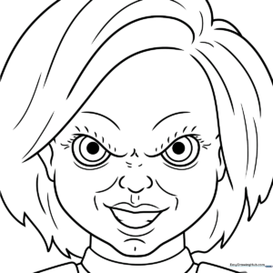 Black and white line art of Chucky's face featuring detailed hair, stitched scars, and a mischievous expression, ready for coloring.
