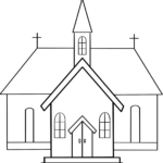Black and white line art of a small church with a steeple and arched windows, designed for children to color.