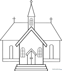 Black and white line art of a small church with a steeple and arched windows, designed for children to color.
