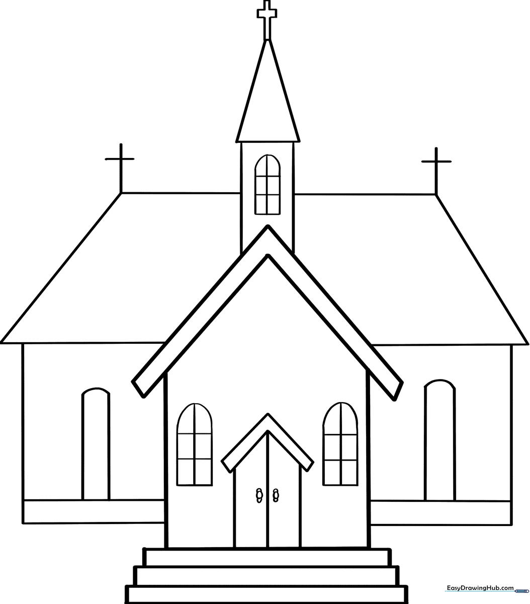 Black and white line art of a small church with a steeple and arched windows, designed for children to color.