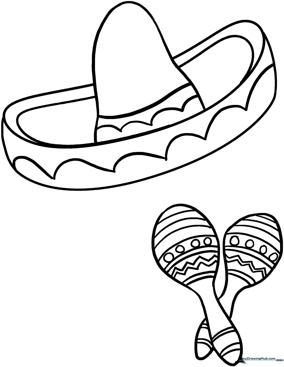Detailed Cinco de Mayo themed coloring sheet featuring festive cultural icons with clean, bold outlines for easy coloring by children.