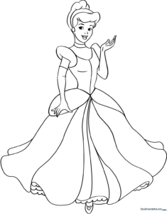 Detailed line art of Cinderella in her iconic ballgown, featuring clear outlines for easy coloring by children.