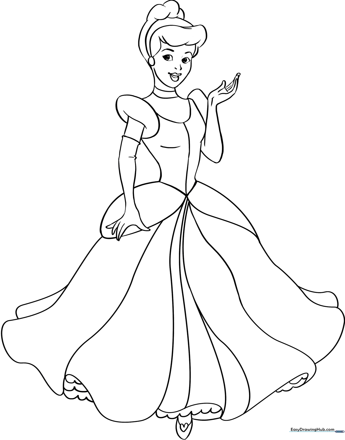 Detailed line art of Cinderella in her iconic ballgown, featuring clear outlines for easy coloring by children.