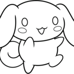 Black and white line art of Cinnamoroll with large ears and a happy expression, ready for children to color.