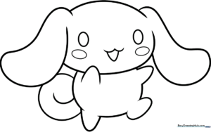 Black and white line art of Cinnamoroll with large ears and a happy expression, ready for children to color.