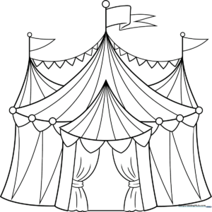 Black and white line art of a classic circus tent with striped panels and a flag on top, ready for coloring.