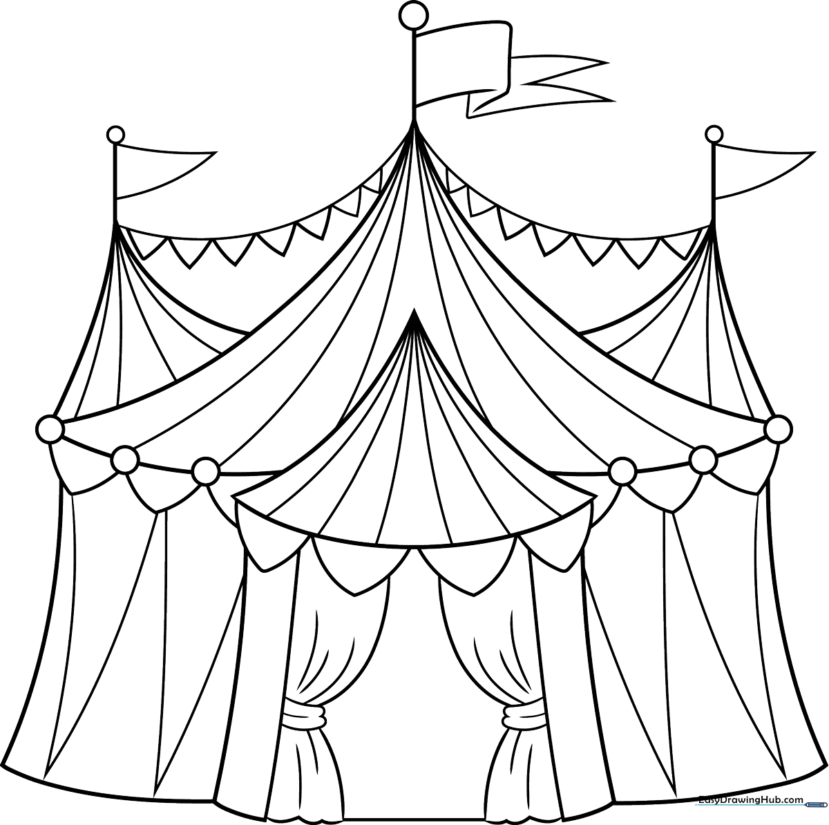 Black and white line art of a classic circus tent with striped panels and a flag on top, ready for coloring.