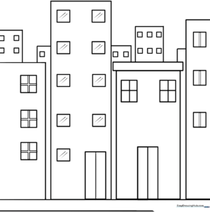 Black and white line art of a city skyline with various buildings and windows, designed for children to color.