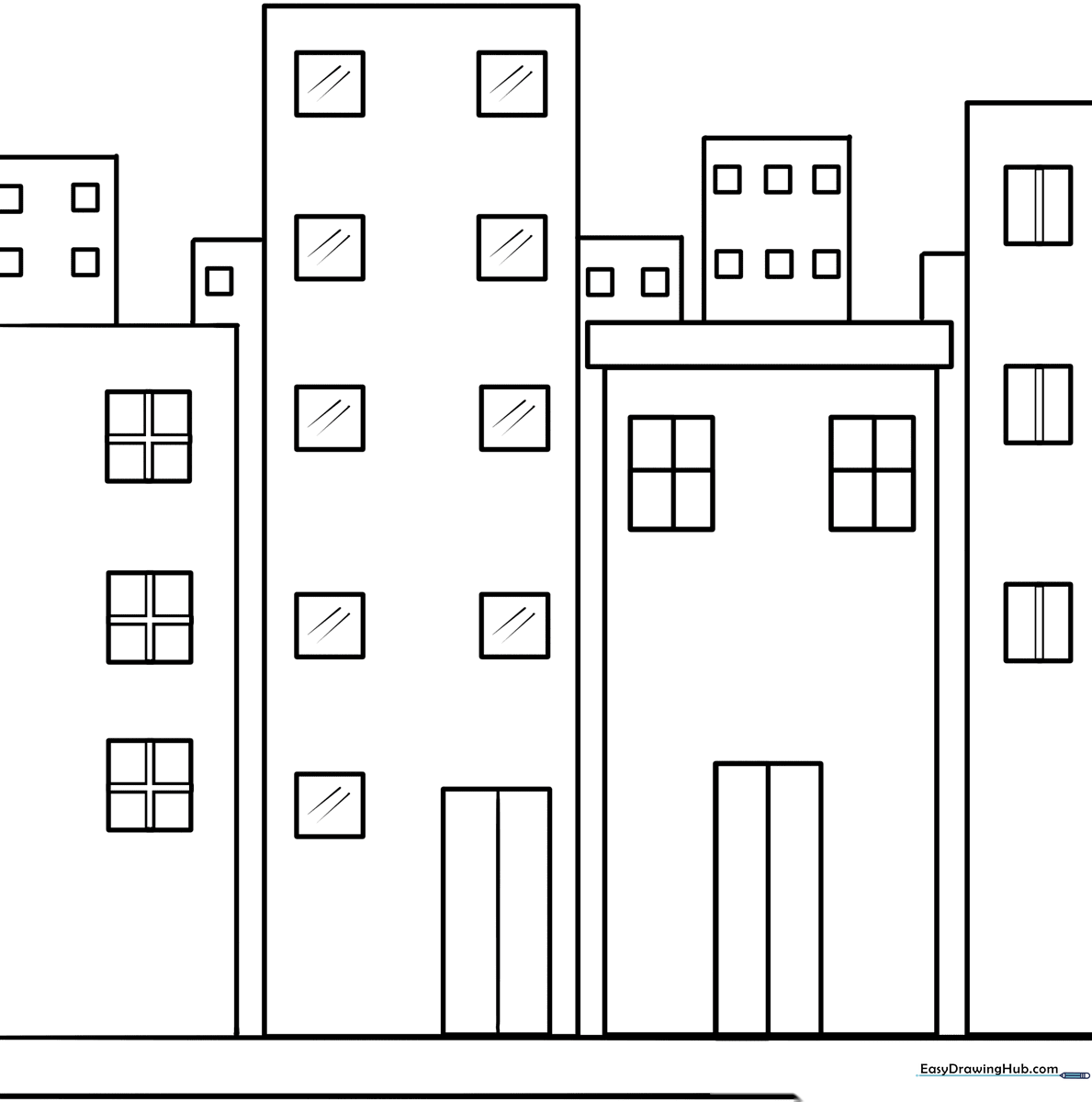 Black and white line art of a city skyline with various buildings and windows, designed for children to color.
