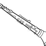 Black and white line art of a clarinet, showing the mouthpiece, barrel, and complex key system, ready for children to color.