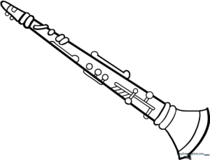 Black and white line art of a clarinet, showing the mouthpiece, barrel, and complex key system, ready for children to color.
