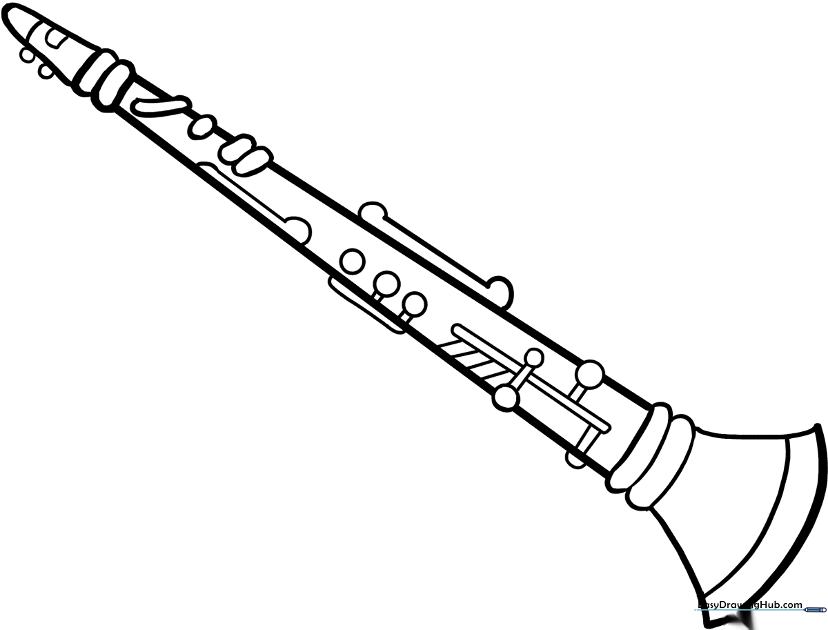 Black and white line art of a clarinet, showing the mouthpiece, barrel, and complex key system, ready for children to color.